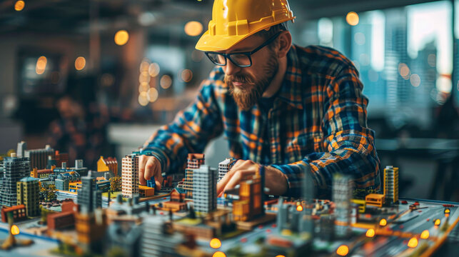 A man wearing a yellow hard hat is building a model city out of Legos. The city is made up of many buildings and has a busy, bustling feel to it. The man is focused on his work