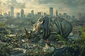 A rhino is in a city with a lot of trash. The rhino is dirty and he is dying. Scene is bleak and sad - obrazy, fototapety, plakaty