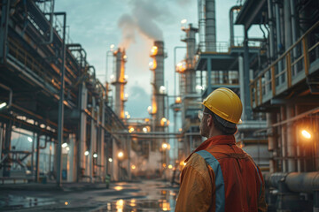 A man in a yellow helmet stands in front of a large industrial plant. The scene is dark and the man is looking up at something. Scene is serious and focused - obrazy, fototapety, plakaty