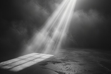 Breaking Through the Digital Darkness: A single ray of light with a subtle volumetric effect pierces a dark website background, showcasing a balanced composition with a hint of digital technology. - obrazy, fototapety, plakaty