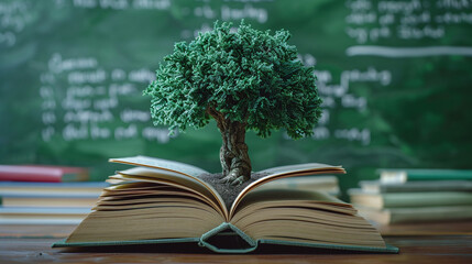 A tree is growing out of an open book. Concept of International Literacy Day.