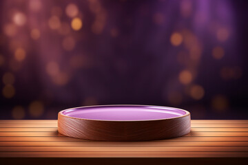An empty round wooden podium set amidst a purple background with water drops and modern background a product display background or wallpaper concept with backlighting 