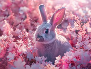 Fototapeta premium A cute bunny with upright ears peeks out from a field of delicate pink flowers in a dreamy garden setting.