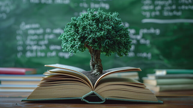 A tree is growing out of an open book. Concept of International Literacy Day.