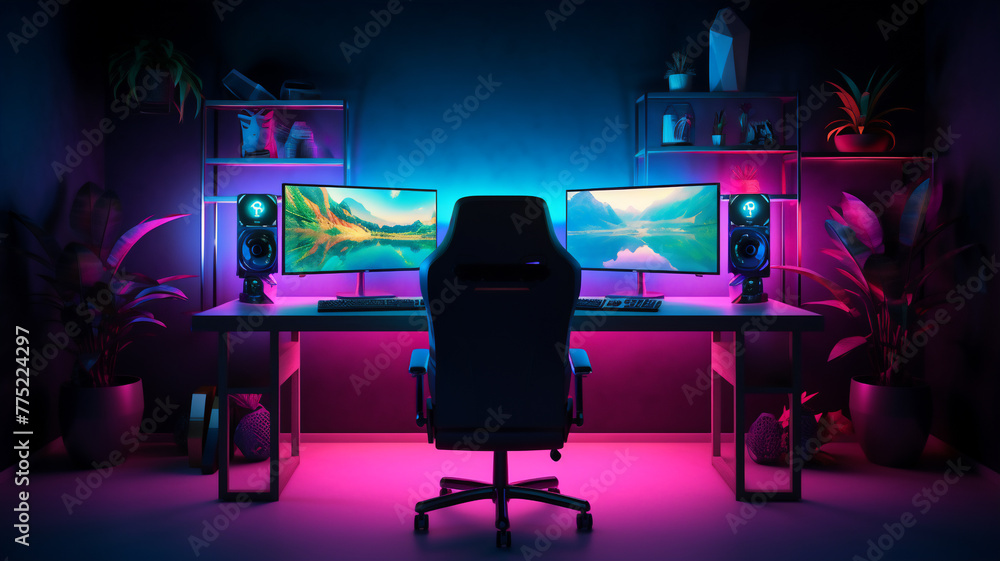 Fototapete a gaming room setup with a computer that has three screens a eccentric and light room with neon ligh