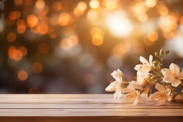 Empty wooden planks or tabletop in front of a blurred bokeh flowers and silk and maximalist background a product display background or wallpaper concept with backlighting 
