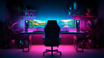 A gaming room setup with a computer that has three screens a eccentric and light room with neon light as light source close up with an empty chair 