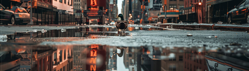 Urban exploration, duck style: a casual stroller amidst the cityscape - obrazy, fototapety, plakaty