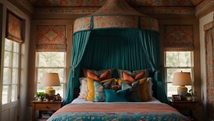 A dreamy bedroom with a bohemian flair, featuring a canopy bed and vibrant, eclectic patterns.