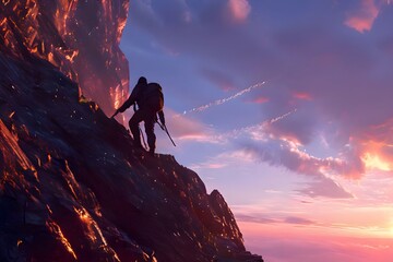 climber carrying a backpack and walking stick climbs a steep mountain at sunset
 - obrazy, fototapety, plakaty