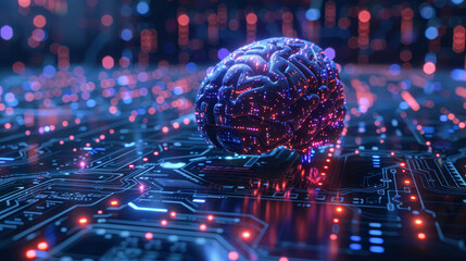 A brain is shown on a computer chip. The brain is surrounded by a colorful, glowing background. Concept of technology and innovation