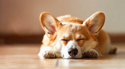 A dog is sleeping on the floor. The dog is brown and white. The dog is laying on its side