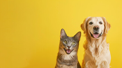 A cat and a dog are standing next to each other on a yellow background. The cat is looking at the camera with a smile, while the dog is wagging its tail