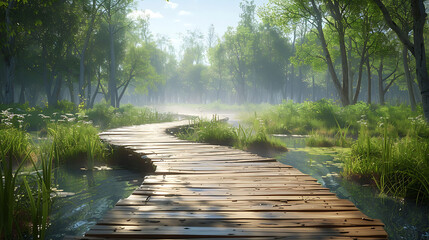 A wooden boardwalk winding through a marshland alive with wildlife - obrazy, fototapety, plakaty