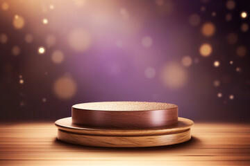 An empty round wooden podium set amidst a purple background with water drops and maximalist background a product display background or wallpaper concept with front-lighting 