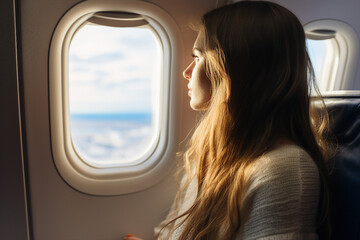 Naklejka premium AI generated photo of happy person flying on plane and looking at window sunset