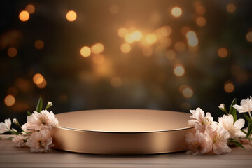 An empty round wooden podium set amidst a flowers and silk with water drops and modern background a product display background or wallpaper concept with front-lighting 