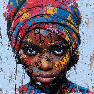 Ilustração de arte urbana grafitada de uma mulher negra com tipografias selvagens em uma parede branca.
