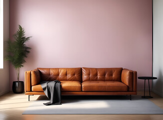 Modern living room mockup with leather sofa, coffee table and empty wall for copy space