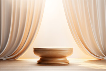 An empty round wooden podium set amidst a soft white blowing drapery curtain drapes and maximalist background a product display background or wallpaper concept with backlighting 