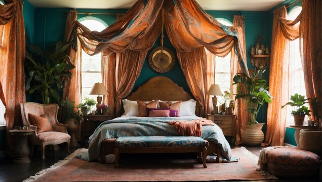 A dreamy bedroom with a bohemian flair, featuring a canopy bed and vibrant, eclectic patterns.