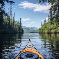 Kayaking to a remote campsite, paddle in hand, isolation sought - obrazy, fototapety, plakaty