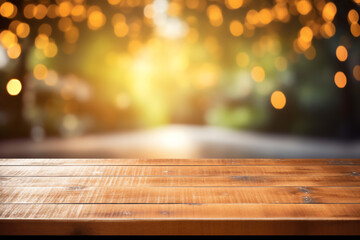 Empty wooden planks or tabletop in front of a blurred bokeh green background with water drops and modern background a product display background or wallpaper concept with backlighting 