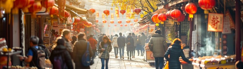 Scene of a bustling food market street in Beijing, with Chinese tourists and locals walking among stalls offering a variety of traditional Chinese food.