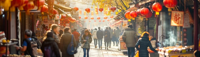 Poster Scene of a bustling food market street in Beijing, with Chinese tourists and locals walking among stalls offering a variety of traditional Chinese food. © HADAPI