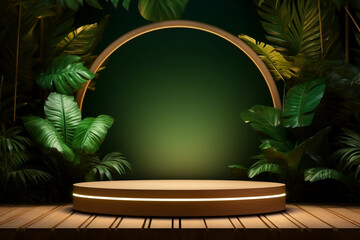An empty round wooden podium set amidst a green background and maximalist background a product display background or wallpaper concept with front-lighting 