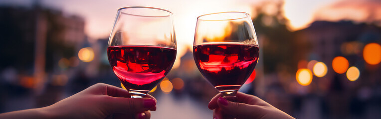 Two female hands toasting or clinking with red wine glasses on a summer and eccentric background 