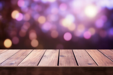 Empty wooden planks or tabletop in front of a blurred bokeh purple background and maximalist background a product display background or wallpaper concept with front-lighting 