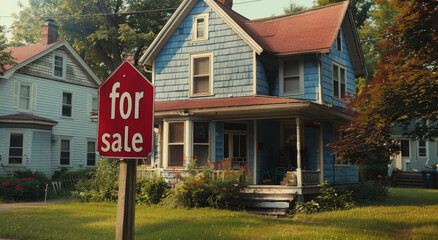 Photo of family in front yard of a blue house with a red "for sale" sign on a white pole