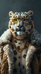 Studio portrait of an anthropomorphic snow leopard, wearing sunglasses, gold chain and trendy jacket.