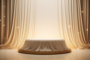 An empty round wooden podium set amidst a soft white blowing drapery curtain drapes with water drops and maximalist background a product display background or wallpaper concept with front-lighting 