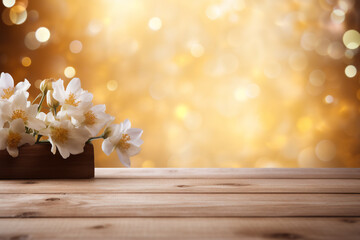 Empty wooden planks or tabletop in front of a blurred bokeh flowers and silk with water drops and maximalist background a product display background or wallpaper concept with front-lighting 