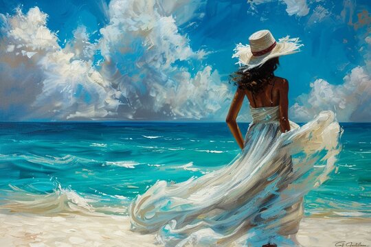 Scene depicting a woman enjoying a beach holiday in the Caribbean, clad in a white sun hat and flowing sarong skirt, with a panoramic view of the turquoise ocean stretching behind her.