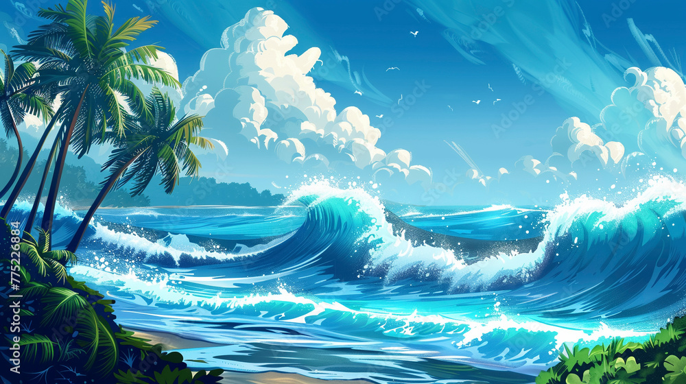 Sticker sunny coastline, serene seashore with ocean waves and white clouds illustration