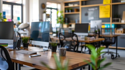 Collaborative workspace with blurred background, featuring shared desks and workstation