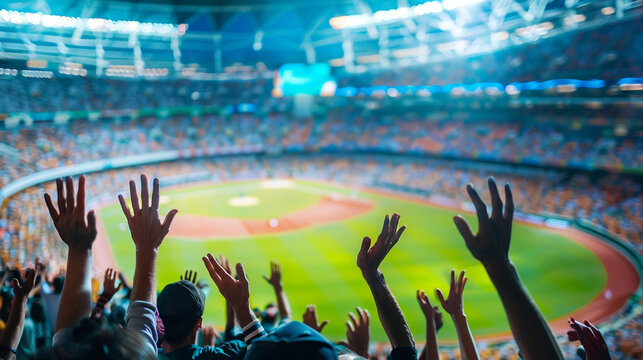 A packed stadium with blurred background, showing fans cheering during a game