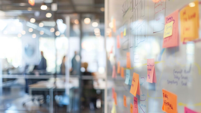 A team brainstorming session in a modern office, with blurred whiteboard in the background