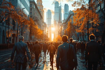 Obraz premium Busy professionals: Crowd moves through streets surrounded by corporate skyscrapers