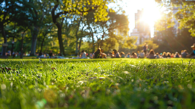 City park with blurred background, capturing people enjoying outdoor activities in spring summer