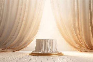 An empty round wooden podium set amidst a soft white blowing drapery curtain drapes and modern background a product display background or wallpaper concept with front-lighting 