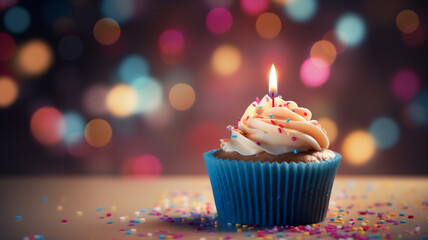 A birthday cupcake with sprinkles and colorful candles and a background with decorations in bokeh 