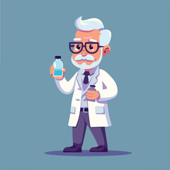 Professor mascot holding chemical liquid bottle