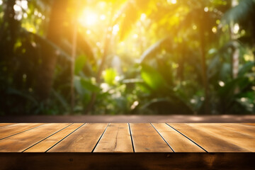 Empty wooden planks or tabletop in front of a blurred bokeh lush tropical forest and minimalist background a product display background or wallpaper concept with backlighting 