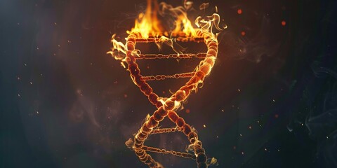 A DNA helix encased in fire, a visual metaphor for the burning heart of genetics - obrazy, fototapety, plakaty