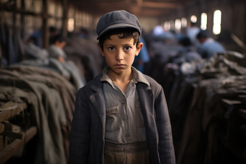 Child laborer working in a factory, with tired eyes and worn-out clothes. Generative AI