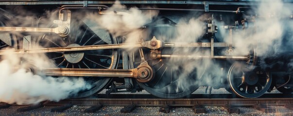 Close-up of a steam train wheels with steam - obrazy, fototapety, plakaty